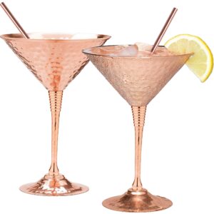 Mosscoff Copper martini glasses set of 2 9.5oz Hand hammered solid copper goblets with exquisite reinforcement ring. – Bonus pure copper straws – A gift set Valentine's day no one can resist