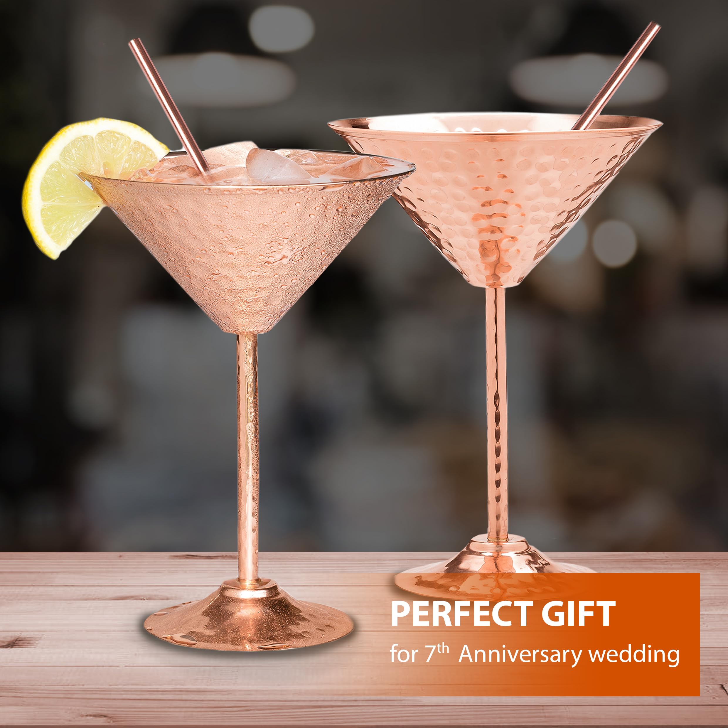 Mosscoff Copper martini glasses set of 2 9.5oz Hand hammered solid copper goblets with exquisite reinforcement ring. – Bonus pure copper straws – A gift set Valentine's day no one can resist