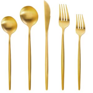 gold silverware set for 8, mikiway 40 pieces stainless steel flatware set, matte golden cutlery tableware set, kitchen utensils set include spoons and forks set, satin polished, dishwasher safe