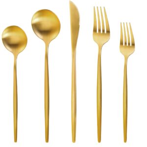 Gold Silverware Set for 8, MIKIWAY 40 Pieces Stainless Steel Flatware Set, Matte Golden Cutlery Tableware Set, Kitchen Utensils Set Include Spoons And Forks Set, Satin Polished, Dishwasher Safe