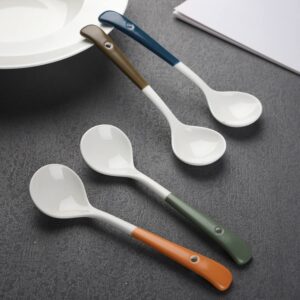 Ceramic Dessert Spoon Long Handle Dinner Spoons Set of 4 Korean Porcelain Spoons for Eating Dessert Appetizers Cereal (Double Color)