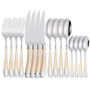 zerophilo 16 piece silverware set,stainless steel flatware set spoon and fork set for 4,kitchen utensil cutlery set mirror finish dishwasher safe gift package (gold)