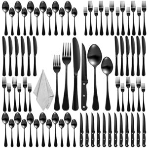 72 pcs matte black silverware set with steak knives for 12, food-grade stainless steel flatware cutlery set for home restaurant hotel, kitchen utensils set, dishwasher safe
