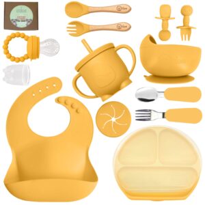 o'doe 17-pcs silicone baby feeding set – baby led weaning supplies with suction plates for toddlers, baby plates and bowls set | yellow v2