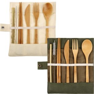 2 sets bamboo cutlery bamboo utensils reusable flatware set bamboo travel utensils include reusable chopsticks fork spoon knife straws brush for camping hiking picnic with pouch bag