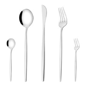 mirror modern flatware set for 4, 20-piece stainless steel silverware set, laienlife unique utensils with long forks spoons and knives sets, great for home and restaurant, dishwasher safe - silver