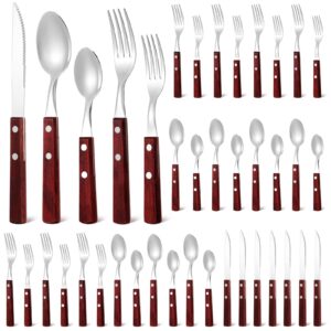 40 pcs wooden handle silverware cutlery set walnut handle 18/8 (304) stainless steel cutlery set wooden handle knife fork spoon reusable utensils serves for 8 (mahogany color)
