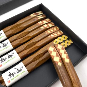 japanbargain 4515, bamboo chopsticks reusable japanese chinese korean wood chop sticks hair sticks 5 pair gift boxed set dishwasher safe (brown)