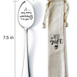 Ptzizi Funny Engraved Stainless Steel Gourmet Spoon, A very Merry Unbirthday to You Coffee Dessert Tea Spoon Gift for Women Silver 1.3x7