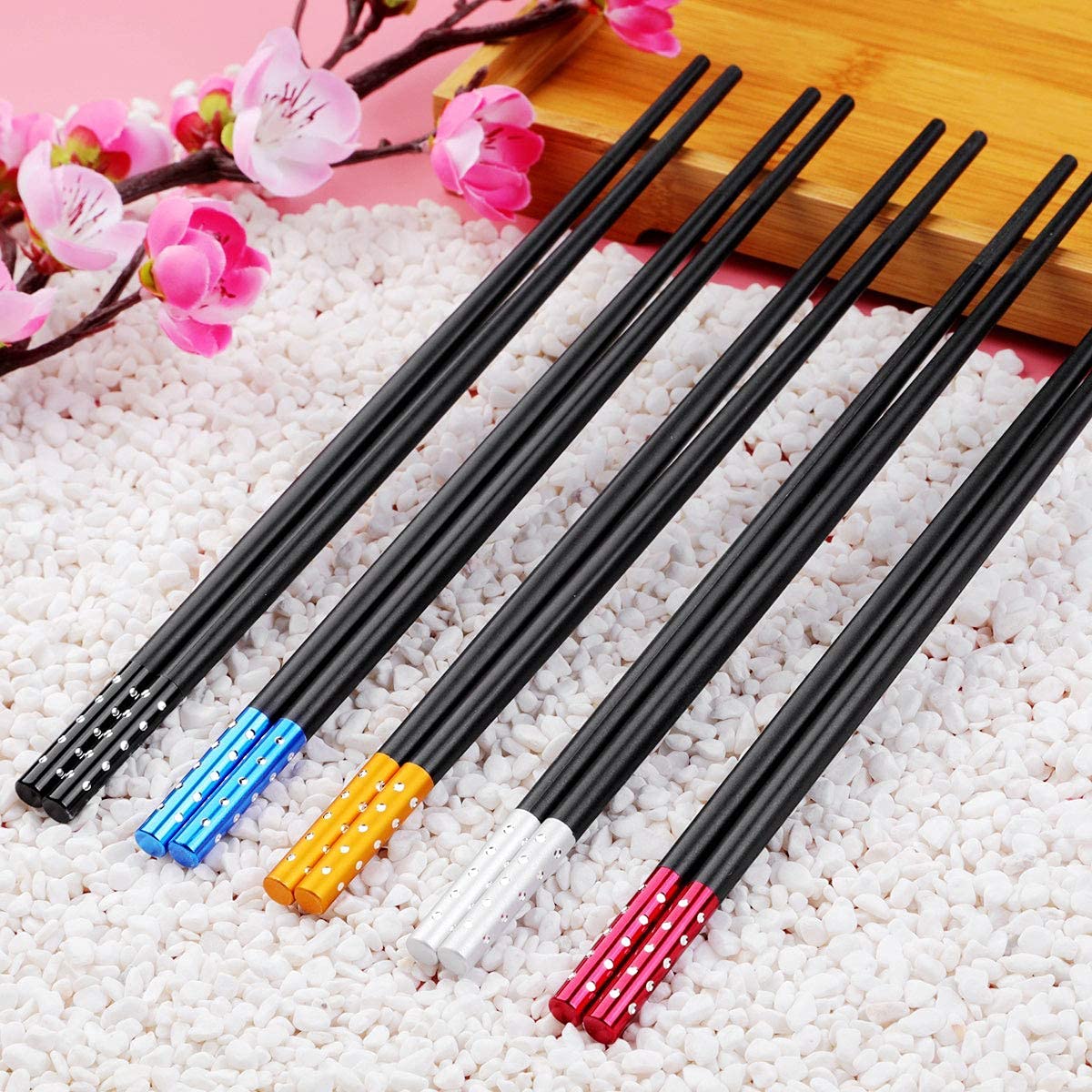 VIWIK 5 Pairs Fiberglass Premium Chopsticks Cute Diamond Patch Reusable Chopsticks Easy to Use Lightweight Japanese Korean Chopstickst Dishwasher Safe Matte Anti-slip Gift Sets with Box, 9.6 inch