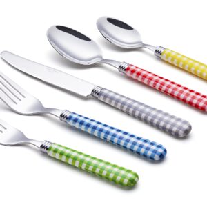 ANNOVA Silverware Set 20 Pcs Stainless Steel Cutlerty Color Handle Flatware -4xDinner Knife;4xDinner Fork;4xSalad Fork;4xDinner Spoon;4xDessert Spoon (Mix Color/Gingham Checkered Pattern)