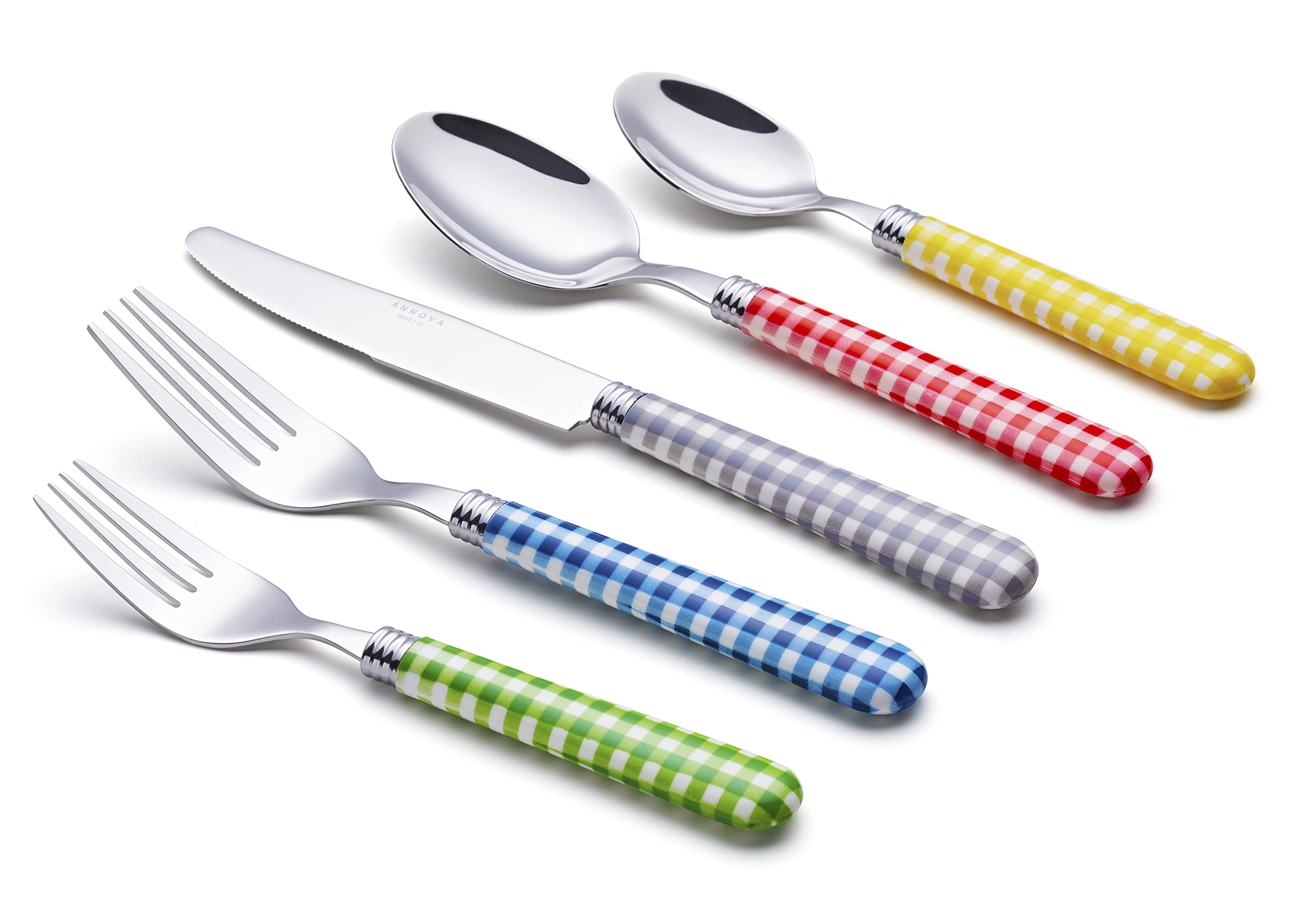 ANNOVA Silverware Set 20 Pcs Stainless Steel Cutlerty Color Handle Flatware -4xDinner Knife;4xDinner Fork;4xSalad Fork;4xDinner Spoon;4xDessert Spoon (Mix Color/Gingham Checkered Pattern)