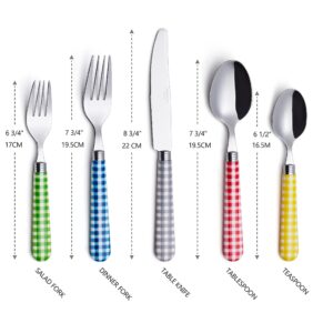 ANNOVA Silverware Set 20 Pcs Stainless Steel Cutlerty Color Handle Flatware -4xDinner Knife;4xDinner Fork;4xSalad Fork;4xDinner Spoon;4xDessert Spoon (Mix Color/Gingham Checkered Pattern)