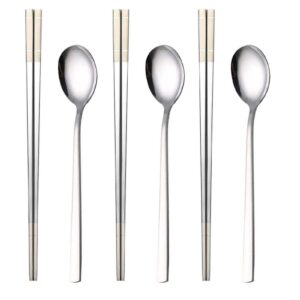 reusable korean chopstick and spoon set, long handle stainless steel soup spoon and chopsticks, dishwasher safe, set of 3. (silver)