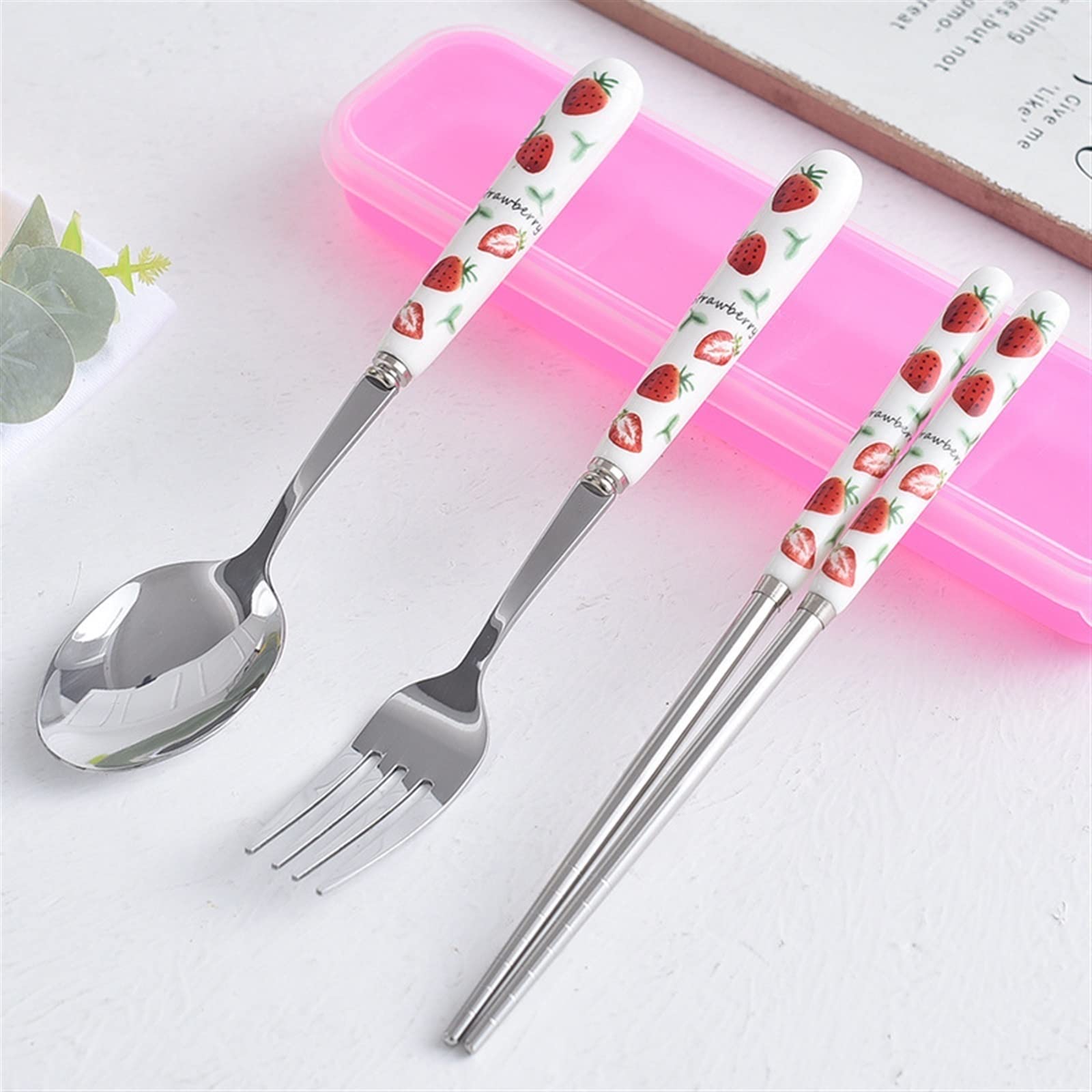 SENIDIKE Silverware Set, Ceramic Handle Dinnerware Set Flatware Kitchen Accessories Camping Travel Sets Fork Spoon Portable Cutlery Sets with Case, Lemon Strawberry Watermelon Pineapple Fruit series