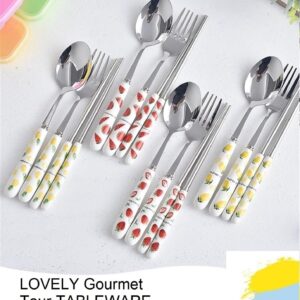 SENIDIKE Silverware Set, Ceramic Handle Dinnerware Set Flatware Kitchen Accessories Camping Travel Sets Fork Spoon Portable Cutlery Sets with Case, Lemon Strawberry Watermelon Pineapple Fruit series