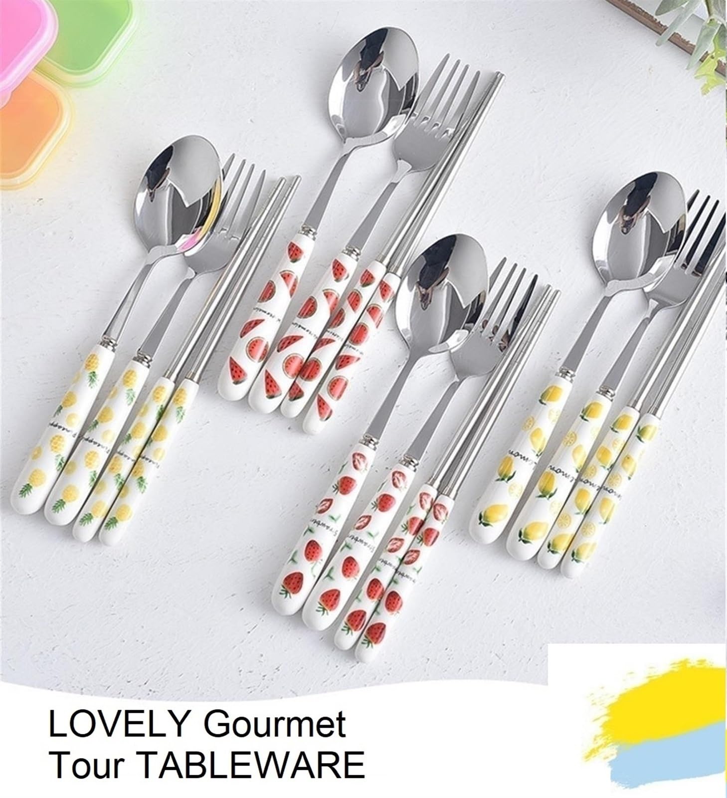 SENIDIKE Silverware Set, Ceramic Handle Dinnerware Set Flatware Kitchen Accessories Camping Travel Sets Fork Spoon Portable Cutlery Sets with Case, Lemon Strawberry Watermelon Pineapple Fruit series