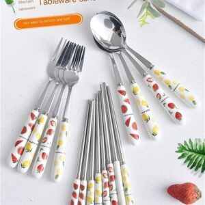 SENIDIKE Silverware Set, Ceramic Handle Dinnerware Set Flatware Kitchen Accessories Camping Travel Sets Fork Spoon Portable Cutlery Sets with Case, Lemon Strawberry Watermelon Pineapple Fruit series