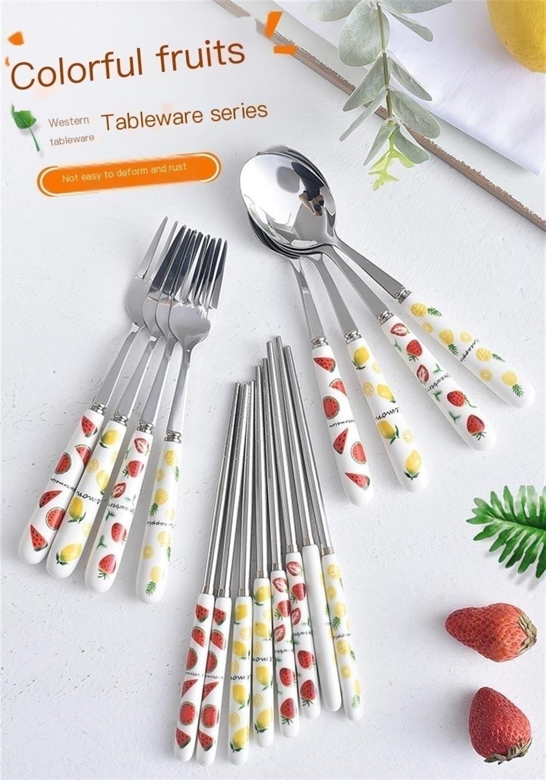 SENIDIKE Silverware Set, Ceramic Handle Dinnerware Set Flatware Kitchen Accessories Camping Travel Sets Fork Spoon Portable Cutlery Sets with Case, Lemon Strawberry Watermelon Pineapple Fruit series