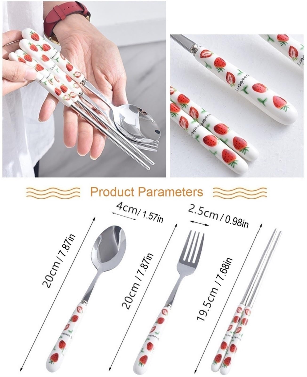 SENIDIKE Silverware Set, Ceramic Handle Dinnerware Set Flatware Kitchen Accessories Camping Travel Sets Fork Spoon Portable Cutlery Sets with Case, Lemon Strawberry Watermelon Pineapple Fruit series