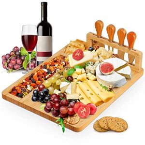 bamboo cheese board set, charcuterie platter and serving meat board including 4 stainless steel knife and serving utensils, unique gifts for christmas wedding birthday anniversary(14''x11'')