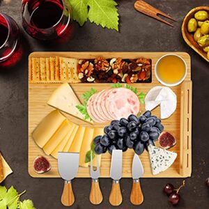 Bamboo Cheese Board Set, Charcuterie Platter and Serving Meat Board Including 4 Stainless Steel Knife and Serving Utensils, Unique Gifts for Christmas Wedding Birthday Anniversary(14''x11'')