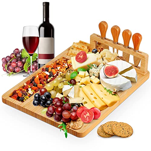 Bamboo Cheese Board Set, Charcuterie Platter and Serving Meat Board Including 4 Stainless Steel Knife and Serving Utensils, Unique Gifts for Christmas Wedding Birthday Anniversary(14''x11'')