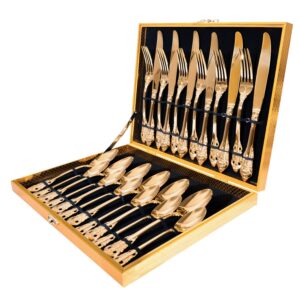 zcf 24-piece gold flatware silverware set,18/10 heavy duty stainless steel flatware service for 6,cutlery include knife/fork/spoon/coffee spoon,mirror polished, dishwasher safety
