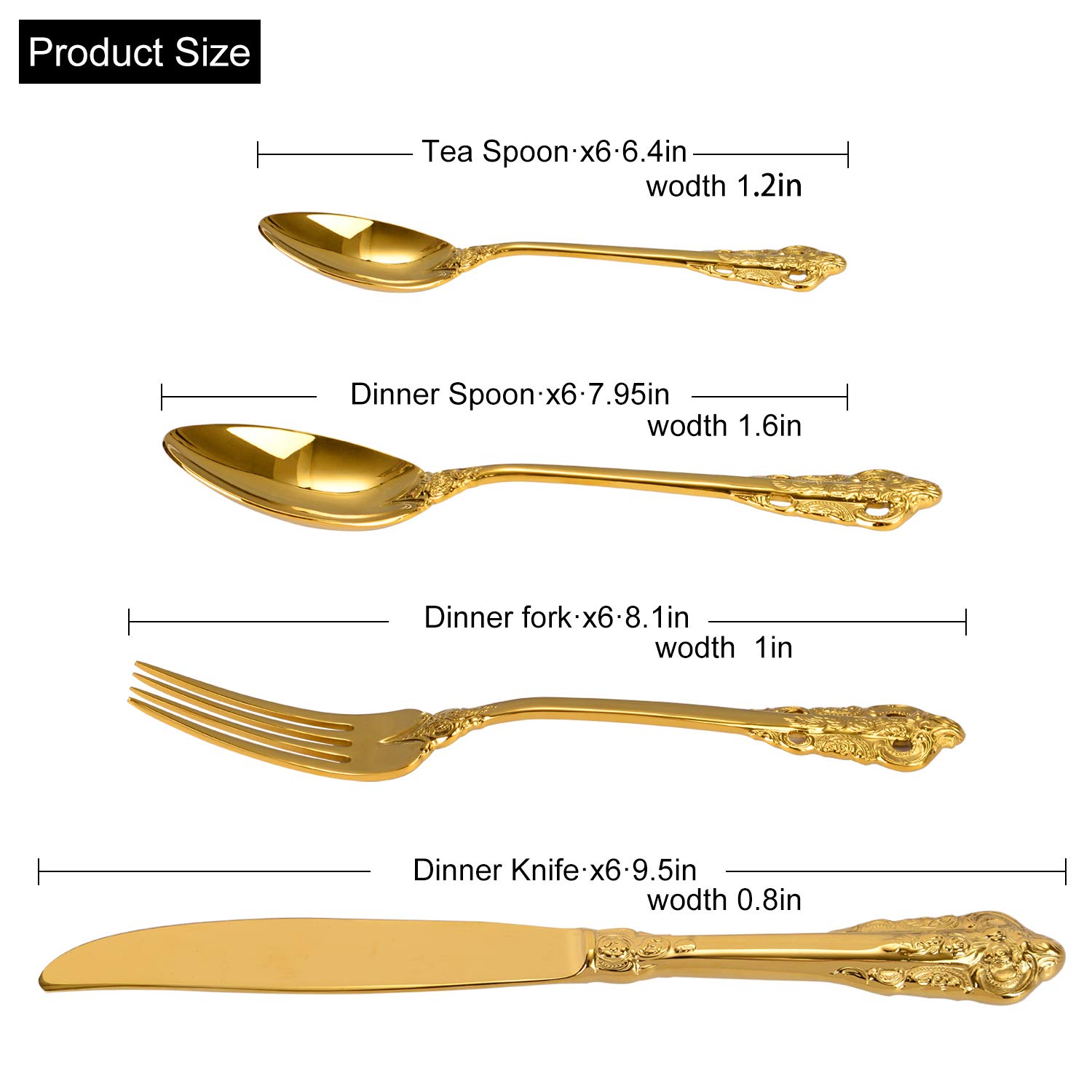 ZCF 24-Piece Gold Flatware Silverware Set,18/10 Heavy Duty Stainless Steel Flatware Service for 6,Cutlery Include Knife/Fork/Spoon/Coffee Spoon,Mirror Polished, Dishwasher Safety