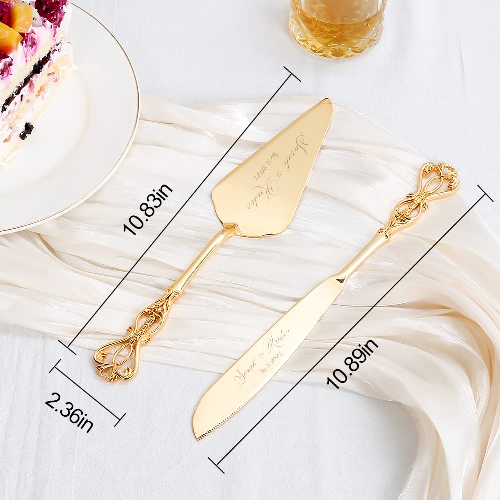 vomiceak Cake Cutting Set for Wedding, Personalized Gold Cake Knife and Server Set, Custom Cake Serving Set, Engraved Pastry Pie Server Cake Pizza Cutter, Birthday Gift for Cake Lover