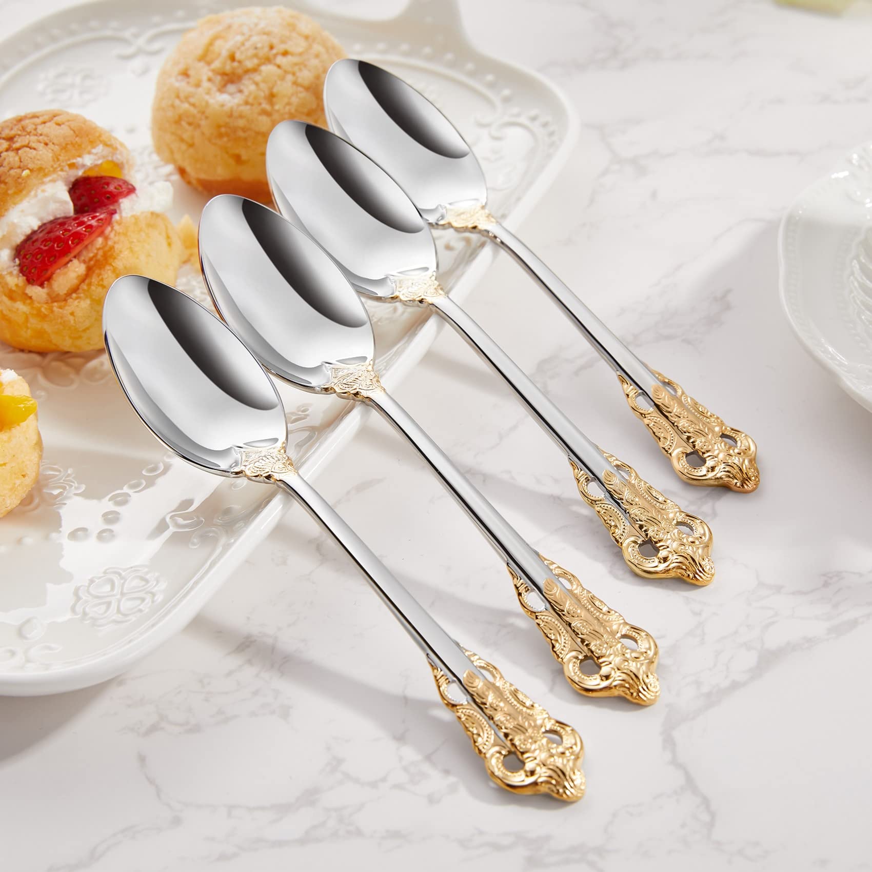 KEAWELL Luxury 6.3" Teaspoons, 18/10 Stainless Steel, Gorgeous Small Spoons, Stirring, Mixing, Sugar, Cake, Dessert Spoons, Mini Antipasto spoons (Gold Accent)