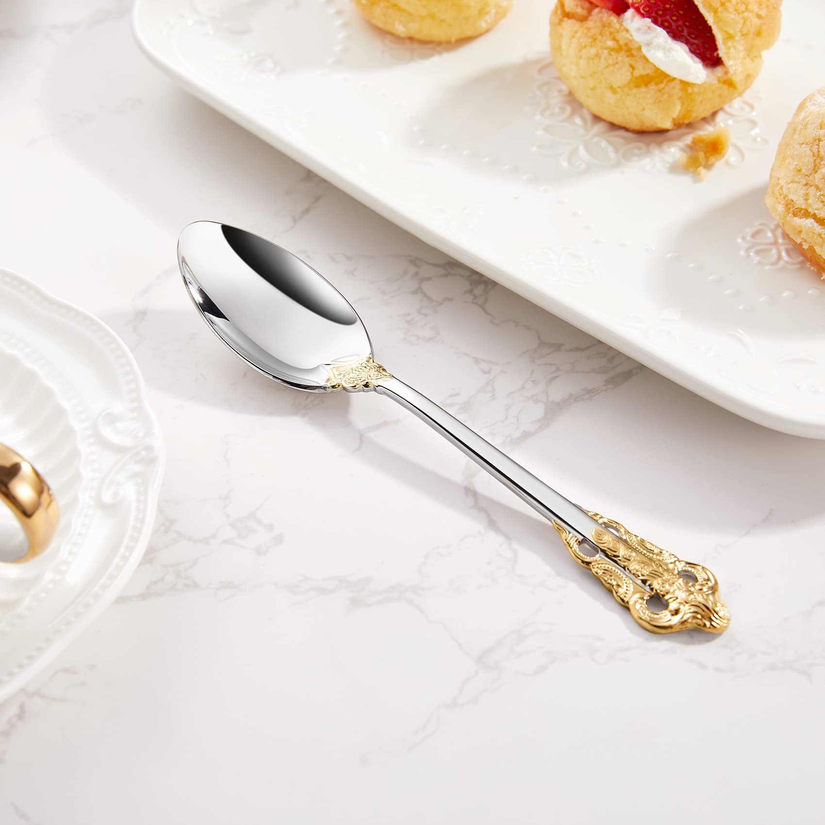 KEAWELL Luxury 6.3" Teaspoons, 18/10 Stainless Steel, Gorgeous Small Spoons, Stirring, Mixing, Sugar, Cake, Dessert Spoons, Mini Antipasto spoons (Gold Accent)