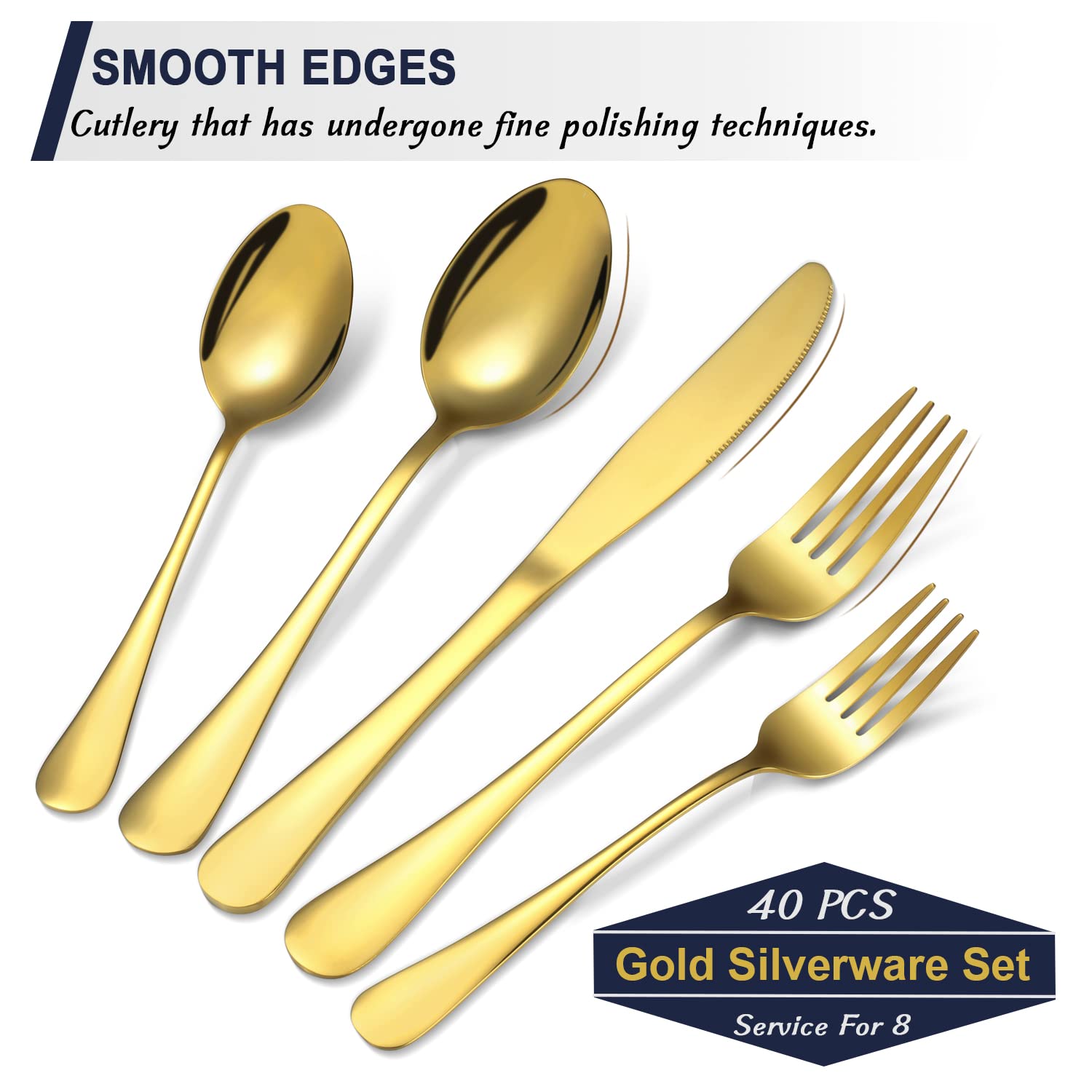 40 Pieces Gold Silverware Set For 8, Stainless Steel Flatware Set Includes Spoons Forks Knives, Gold Utensils Cutlery Set Service for 8, Mirror Polished, Dishwasher Safe