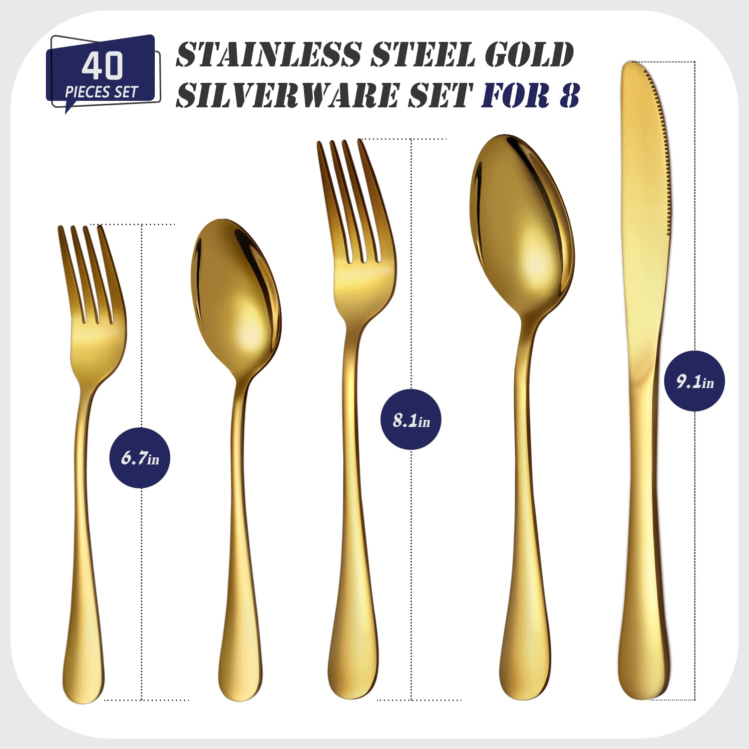 40 Pieces Gold Silverware Set For 8, Stainless Steel Flatware Set Includes Spoons Forks Knives, Gold Utensils Cutlery Set Service for 8, Mirror Polished, Dishwasher Safe