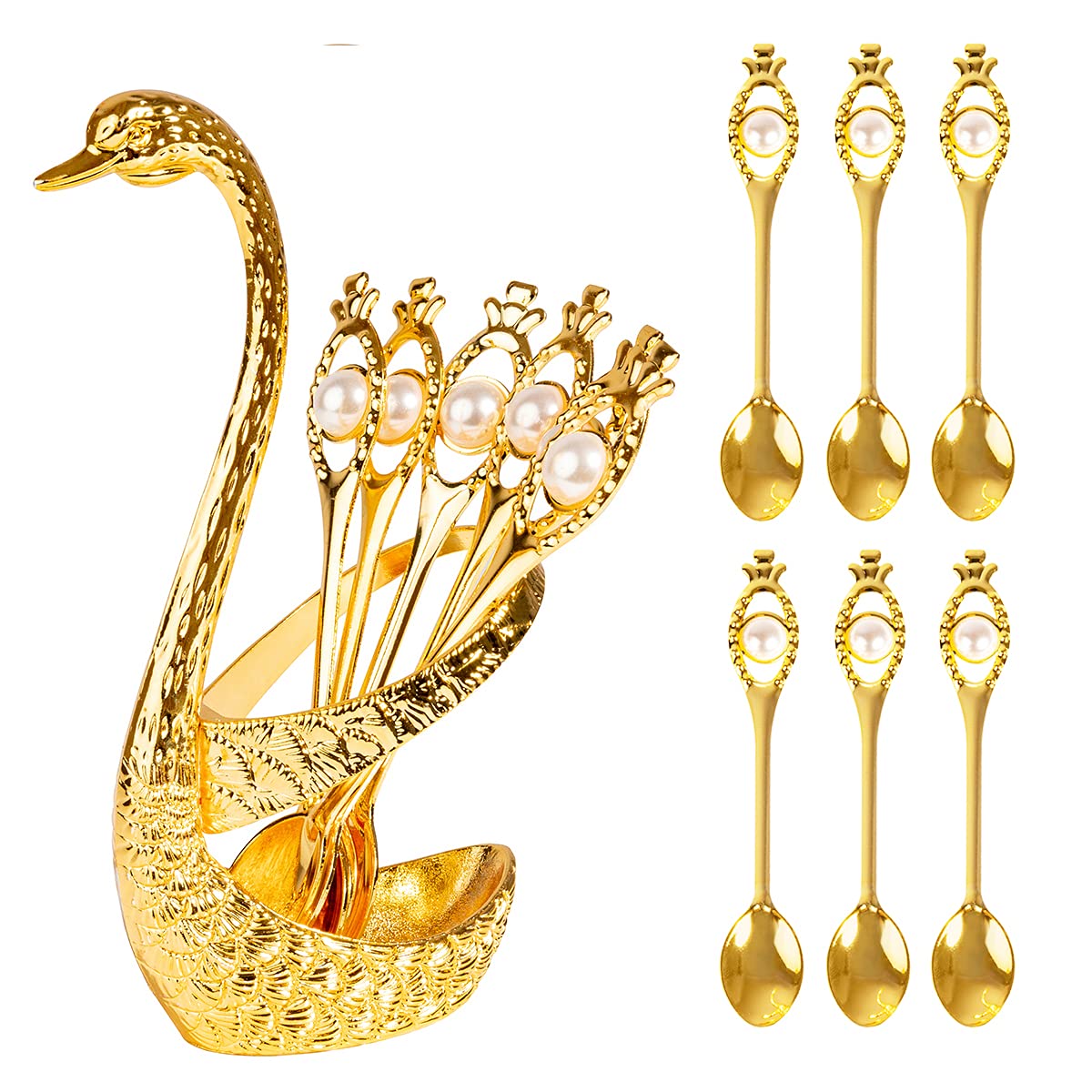 Coffee Spoon Set, Metal Swan Base Holder Dessert Spoon Organizer with 6pcs Spoons Teaspoon Dessert Flatware Set for Coffee Fruit Dessert Ice Cream Cake (Gold)