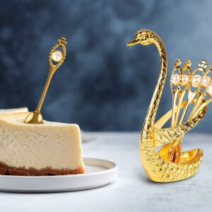 Coffee Spoon Set, Metal Swan Base Holder Dessert Spoon Organizer with 6pcs Spoons Teaspoon Dessert Flatware Set for Coffee Fruit Dessert Ice Cream Cake (Gold)