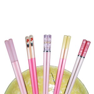 5 pairs fiberglass chopsticks pink japanese korean chopsticks reusable non-slip chopsticks dishwasher safe, 9.6 inches long, 5 patterns
