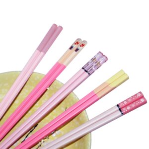 5 Pairs Fiberglass Chopsticks Pink Japanese Korean Chopsticks Reusable Non-Slip Chopsticks Dishwasher Safe, 9.6 Inches Long, 5 Patterns