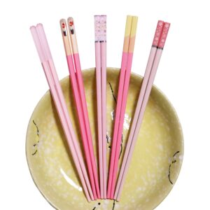 5 Pairs Fiberglass Chopsticks Pink Japanese Korean Chopsticks Reusable Non-Slip Chopsticks Dishwasher Safe, 9.6 Inches Long, 5 Patterns