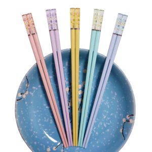 5 Pairs Fiberglass Chopsticks Amber Cherry Blossom Pattern Decoration Multicolor Chopsticks Japanese Korean Chopsticks Reusable Dishwasher Safe Yellow Pink Blue Green Purple Chopsticks