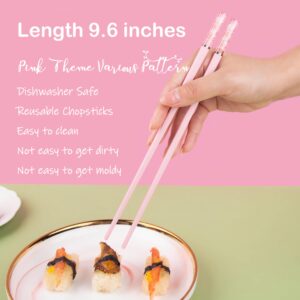 5 Pairs Fiberglass Chopsticks Pink Japanese Korean Chopsticks Reusable Non-Slip Chopsticks Dishwasher Safe, 9.6 Inches Long, 5 Patterns