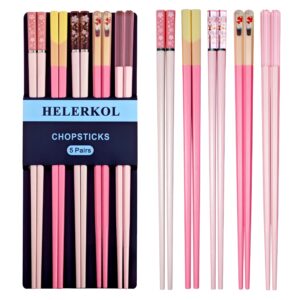 5 Pairs Fiberglass Chopsticks Pink Japanese Korean Chopsticks Reusable Non-Slip Chopsticks Dishwasher Safe, 9.6 Inches Long, 5 Patterns