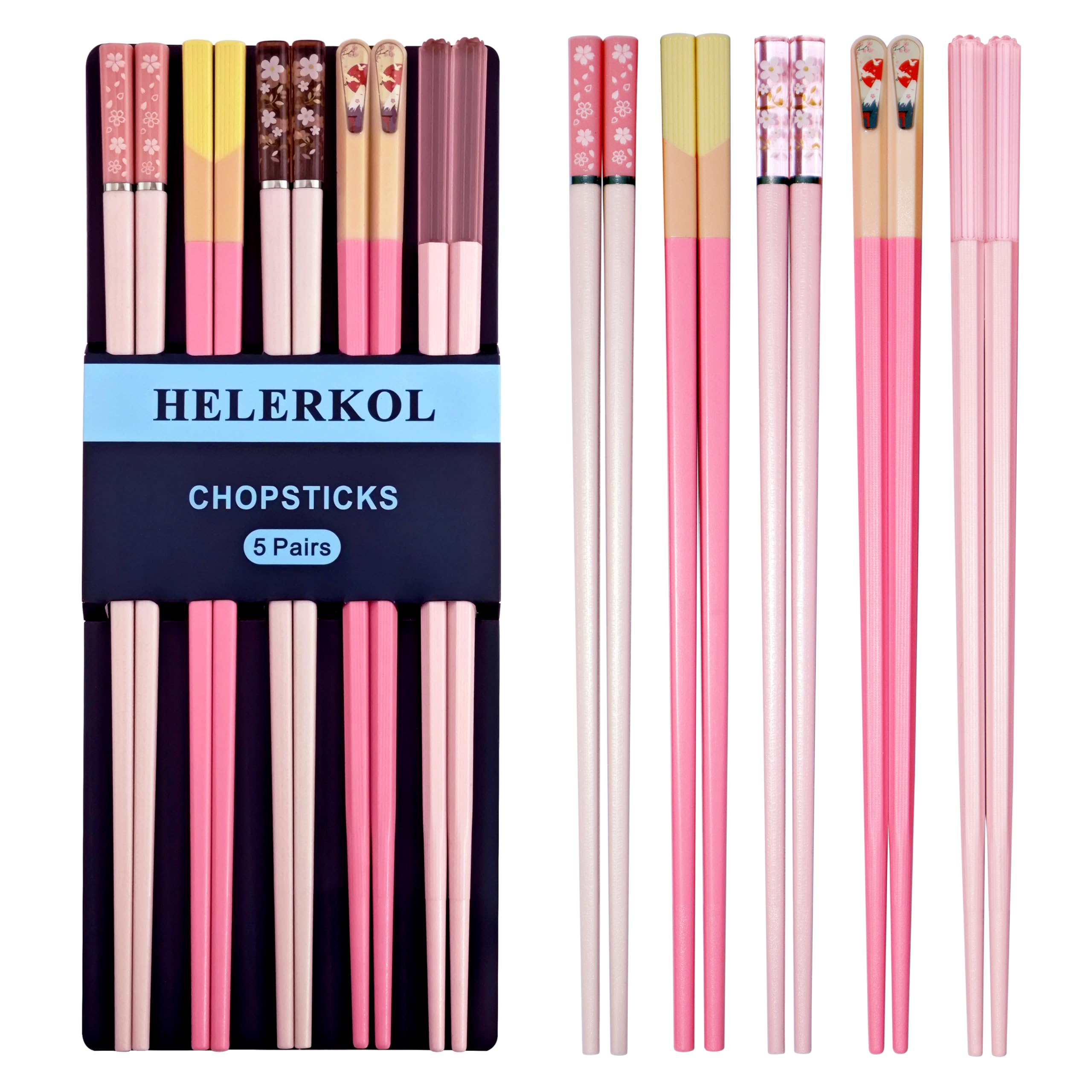 5 Pairs Fiberglass Chopsticks Pink Japanese Korean Chopsticks Reusable Non-Slip Chopsticks Dishwasher Safe, 9.6 Inches Long, 5 Patterns