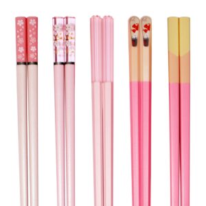 5 Pairs Fiberglass Chopsticks Pink Japanese Korean Chopsticks Reusable Non-Slip Chopsticks Dishwasher Safe, 9.6 Inches Long, 5 Patterns