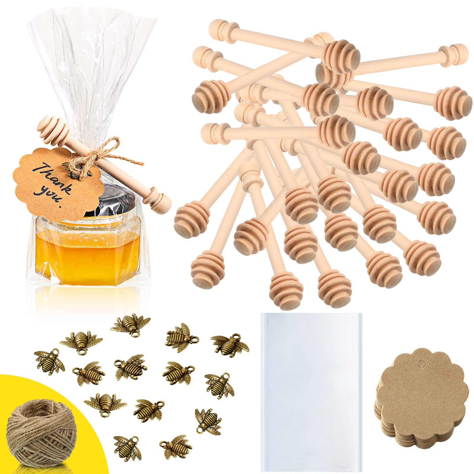 Shappy 96 Pcs 4 Inch Wood Honey Dipper Sticks Set 24 Pcs Honey Dipper Sticks 24 Pcs Plastic Storage Bags 24 Pcs Kraft Paper Cards 24 Pcs Honeybee Charm Pendants with Jute Rope for Honey Jar DIY Craft