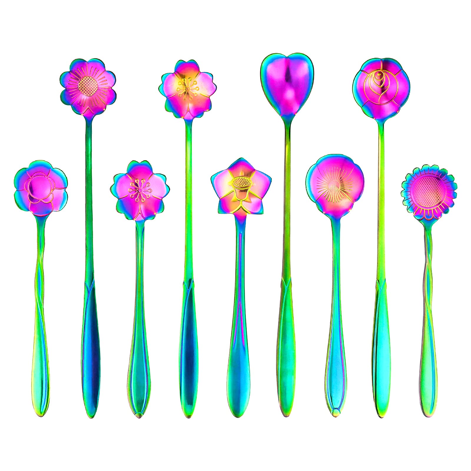 9 PCS Rainbow Flower Spoon Set, LEEFONE 2 Different Size Stainless Steel Reusable Teaspoons Coffee Sugar Stirring Spoon Dessert Cake Spoons Tea Scoops Table Spoon Mixing Spoon Ice Tea Spoon