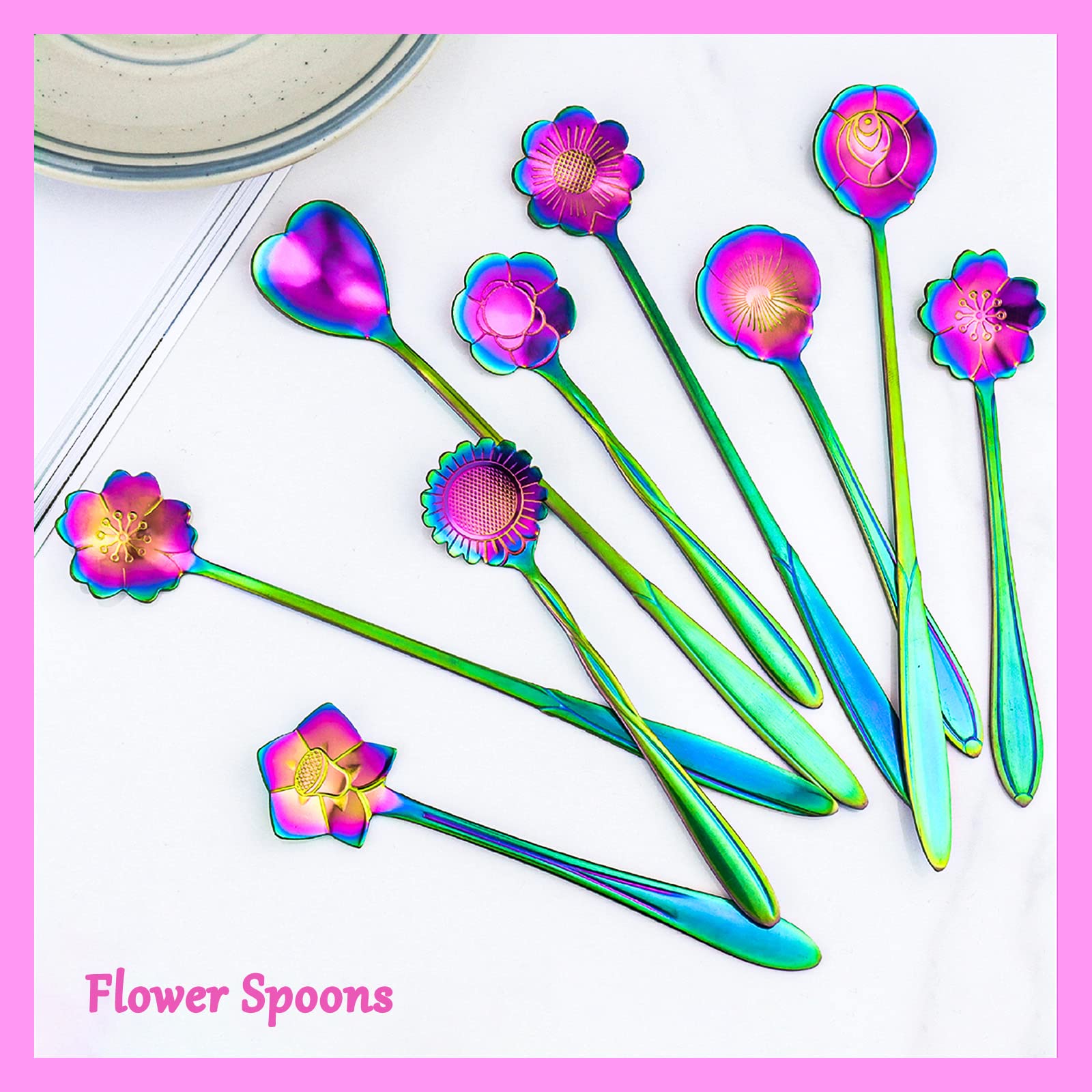 9 PCS Rainbow Flower Spoon Set, LEEFONE 2 Different Size Stainless Steel Reusable Teaspoons Coffee Sugar Stirring Spoon Dessert Cake Spoons Tea Scoops Table Spoon Mixing Spoon Ice Tea Spoon