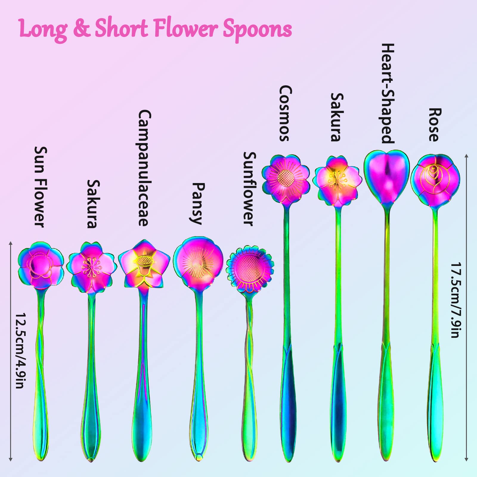 9 PCS Rainbow Flower Spoon Set, LEEFONE 2 Different Size Stainless Steel Reusable Teaspoons Coffee Sugar Stirring Spoon Dessert Cake Spoons Tea Scoops Table Spoon Mixing Spoon Ice Tea Spoon