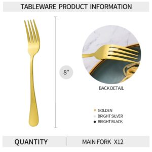 Rygten QU 12Pcs Gold Stainless Steel Dinner Forks, Silverware Forks, Flatware Forks Set Of 12, Dishwasher Safe