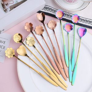 Diaertiny 12Pcs Flower Spoon Long Handle Coffee Dessert Stirring Ice Teaspoons Gold, Rose Gold, Rainbow Cocktail Stainless Steel Spoons for Bar Home Office Party